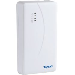 Ein weißes rechteckiges Gerät mit der Aufschrift "tyco" unten rechts. Es zeigt Symbole und Leuchtanzeigen auf der Vorderseite an.