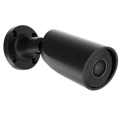 Schwarze Überwachungskamera mit zylindrischem Design an einer Wandhalterung befestigt.