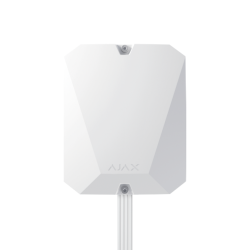 Weiße geometrische Box mit dem Markennamen "AJAX" und einem unten am Gehäuse befestigten Kabel.
