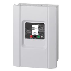 Ein graues Sicherheitskontrollpanel von GE Security mit mehreren Leuchtanzeigen, Schaltern und Tasten für Alarme und Störungen.