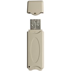 Ein beige USB-Stick mit abgenommener Kappe, die darüber schwebt, auf weißem Hintergrund.