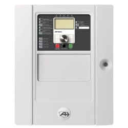Ein weißes elektronisches Kontrollpanel von Aritech mit einem Bildschirm, mehreren Tasten und einem Drehknopf, umgeben von einer Metallhülle mit einem Schlüsselschloss an der rechten Seite.