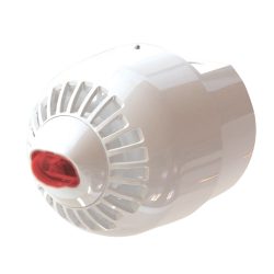 Ein weißer Feuermelder mit runder Form und roten Details in der Mitte, entworfen zum Anbringen an der Decke.