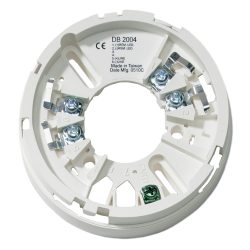 Runder, weißer Sockel für einen Rauchmelder mit mehreren Klemmen und Metallanschlüssen, geeignet für elektrische Verkabelung, mit Aufschrift 'DB 2004' und Herstellerinformationen.