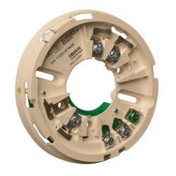Eine runde, beige Isolierschiene mit Metallkontakten und Schrauben, die für die Montage von elektronischen Geräten wie Rauchmeldern vorgesehen ist.