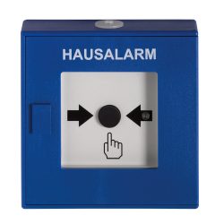 Blauer Hausalarm-Kasten mit weißem Feld und einem schwarzen Knopf in der Mitte.