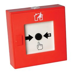 Ein roter Feuermelder mit einem Drückknopf in der Mitte, einem Fingersymbol und einem Haussymbol mit Flamme im oberen Bereich.