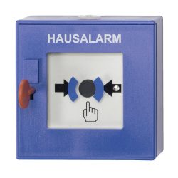 Blauer Hausalarmkasten mit einem runden, schwarzen Knopf in der Mitte und Pfeilen, die auf den Knopf zeigen, sowie einer Hand, die darauf deutet.