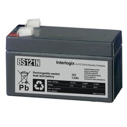 Auf dem Bild ist eine versiegelte, wiederaufladbare Blei-Säure-Batterie des Modells BS121N von Interlogix zu sehen. Sie hat eine Spannung von 12V und eine Kapazität von 1,2 Ah. Die Batterie ist wartungsfrei und für Sicherheitssysteme geeignet.