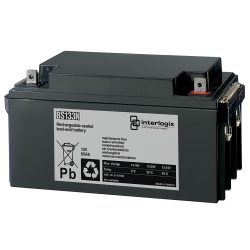 Eine wiederaufladbare, versiegelte Bleisäurebatterie der Marke Interlogix mit der Modellbezeichnung BS133N, Kapazität von 12V 65Ah, beschriftet als wartungsfrei und hergestellt in Vietnam.