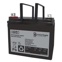 Eine wiederaufladbare, versiegelte Blei-Säure-Batterie der Marke Interlogix, Modell BS134N, mit einer Kapazität von 12V und 36Ah, mit Beschriftungen zur Wartungsfreiheit und anderen technischen Angaben.