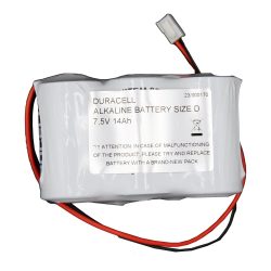 Eine Duracell Alkaline Batterie der Größe D mit 7,5V und 14Ah, versehen mit Kabeln und einem Stecker. Auf dem Etikett steht eine Warnung, die empfiehlt, bei Fehlfunktionen die Batterie zu ersetzen.