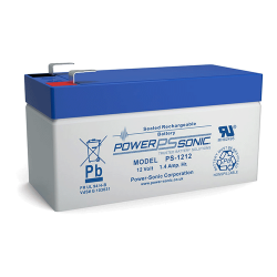 Ein versiegelter, wiederaufladbarer Bleiakku von Power Sonic, Modell PS-1212, mit blauer Oberseite und Kapazität von 12 Volt und 1,4 Ampere-Stunden.