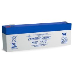 Power Sonic wiederaufladbare Batterie, Modell PS-1221, 12 Volt, 2,1 Ampere-Stunden, mit weißem Gehäuse und blauem Deckel.