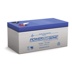 Ein blauer und grauer versiegelter, wiederaufladbarer Akku der Marke Power Sonic, Modell PS-1230, mit einer Spannung von 12 Volt und einer Kapazität von 3,4 Amperestunden.