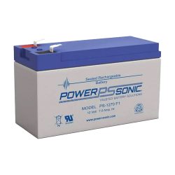Ein Power Sonic Akku Modell PS-1270 F1, 12 Volt und 7,0 Ampere-Stunden, mit einem blauen Gehäuseoberteil und einem weißen Unterteil.
