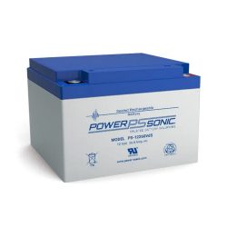 Ein versiegelter, wiederaufladbarer Akku von Power Sonic, Modell PS-12260VdS, mit blauen und weißen Farben, einer Spannung von 12 Volt und einer Kapazität von 26,0 Ampere-Stunden.