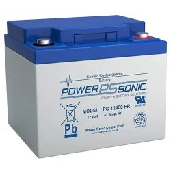 Ein rechteckiger, versiegelter, wiederaufladbarer Akku der Marke Power Sonic, Modell PS-12450 FR, mit einer Kapazität von 12 Volt 42 Amperestunden, blauer Oberseite und Beschriftungen betreffend Recycling und Herstellerinformationen auf der Vorderseite.