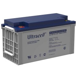 Ultracell wiederaufladbare VRLA-Batterie mit grauer Außenhülle und blauer Abdeckung, Modell UL120-12 (12V 120AH/10HR).