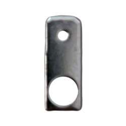Ein rechteckiges, flaches Metallstück mit zwei Löchern unterschiedlicher Größe, einem kleinen oberen und einem größeren unteren Loch.