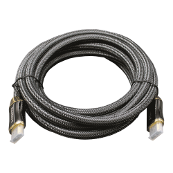 Ein geflochtenes HDMI-Kabel mit dunkler Ummantelung, aufgerollt und mit zwei goldenen Steckern an den Enden.