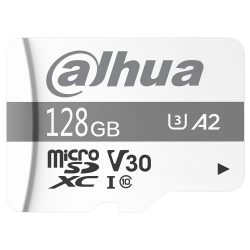 Weiße microSDXC-Speicherkarte von Dahua mit einer Kapazität von 128 GB, auf der die Symbole U3, A2, V30, Class 10 und das Markenzeichen zu sehen sind.