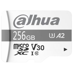 Nahaufnahme einer 256 GB microSDXC-Speicherkarte von Dahua mit U3, A2, V30, Klasse 10 Spezifikationen.