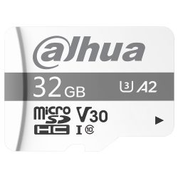 Eine weiße MicroSD-Karte mit dem Aufdruck "Dahua", 32 GB Kapazität, und Logos für U3, A2, V30, HC, und Klasse 10.