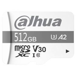 Eine 512 GB microSDXC Speicherkarte der Marke Dahua mit Kennzeichnungen V30, U3, A2 und Klasse 10.