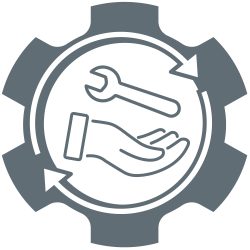 Ein graues Zahnrad-Symbol mit einem Werkzeugschlüssel und einer offenen Hand im Inneren, umgeben von Kreispfeilen, was auf Zusammenarbeit oder Unterstützung hindeutet.