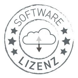 Stilisierte Abbildung einer runden Plakette mit dem Text "SOFTWARE LIZENZ" um einen Wolken- und Pfeilsymbol herum, umgeben von Sternen.
