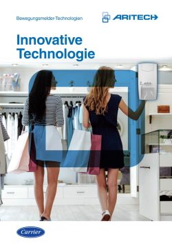Zwei Frauen mit Einkaufstaschen gehen in einem Bekleidungsgeschäft, umgeben von einem Overlay mit blauem Element und einem Bewegungssensor, begleitet von den Worten 'Innovative Technologie' und Markenlogos von Aritech und Carrier.