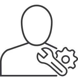 Symbol eines anonymen Avatars mit einem Schraubenschlüssel und Zahnrad, die für technische Unterstützung stehen.
