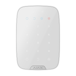 Weißes, rechteckiges Bedienfeld mit Zifferntasten von 0 bis 9 und Funktionstasten, darunter das Logo "AJAX".
