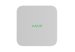 Ein weißes, quadratisches Gerät mit abgerundeten Ecken und dem Wort "AJAX" in grüner Schrift in der Mitte.