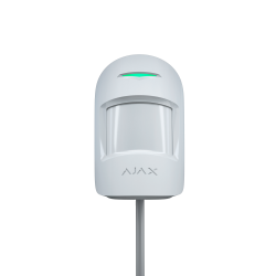 Weißer Bewegungsmelder mit LED-Anzeige auf schwarzem Hintergrund, der Markenname "AJAX" ist sichtbar.