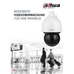 Werbung für moderne Videoüberwachung zeigt eine Dahua-Kamera in einem Flughafenterminal mit vorbeigehenden Personen.