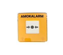 Gelbes Notfallsignal mit der Aufschrift "AMOKALARM" und einem Symbol zum Aktivieren des Alarms.