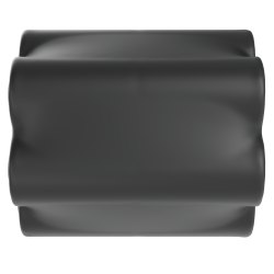 Eine schwarze, abgerundete, rechteckige Struktur mit glatten Oberflächen vor schwarzem Hintergrund.