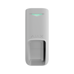 Ein weißer Bewegungsmelder mit einem beleuchteten grünen Pfeil und dem Text "AJAX" auf der Vorderseite.