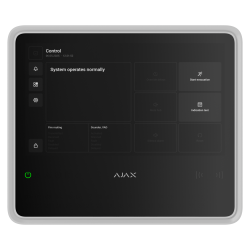 Schwarzes Smart-Home-Bedienfeld mit Display, das anzeigt, dass das System normal arbeitet; Schaltflächen und Symbole sind sichtbar.