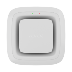 Weißer quadratischer Rauchmelder mit dem Markennamen "AJAX" und zwei kleinen LED-Anzeigen.
