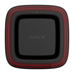 Ein schwarzes, quadratisches Gerät mit rotem Rand und der Aufschrift "AJAX" in der Mitte, kleine LED-Anzeigen oben.