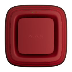 Quadratisches, rotes Gerät mit der Aufschrift "AJAX" und zwei leuchtenden LEDs oben in Grün und Orange.