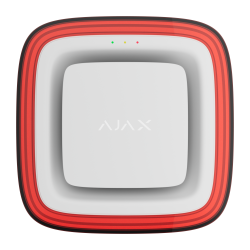 Weißer quadratischer Rauchmelder mit rotem Rand und dem Wort "AJAX" in der Mitte, grüne und rote LED-Anzeigen oben.