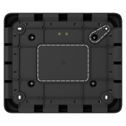 Rückseite eines schwarzen rechteckigen Gerätes mit mehreren Schraubenlöchern und zwei kleinen grünen LEDs.