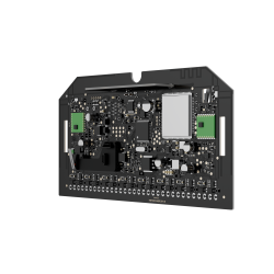 Eine schwarze elektronische Leiterplatte mit verschiedenen Chips und Komponenten auf schwarzem Hintergrund.