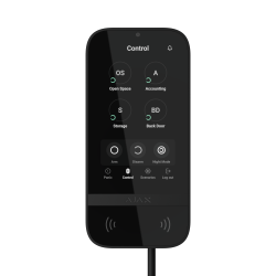 Schwarzes Touchscreen-Gerät mit Symbolen für "Open Space", "Accounting", "Storage" und "Back Door" sowie Tasten für Arm, Disarm und Night Mode.