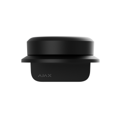 Schwarzer, rechteckiger Sensor mit der Aufschrift "AJAX" auf der Vorderseite, vor einem schwarzen Hintergrund.