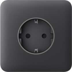Schwarze Steckdose in Nahaufnahme mit abgerundeten Ecken.